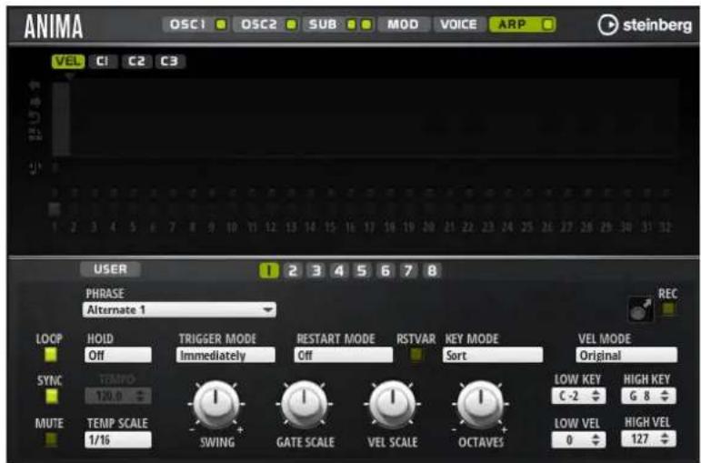 ANIMA OSC1 OSC2 SUB MOD VOICE ARP steinberg VEL C1 C2 C3 USER 1 2 3 4 5 6 7 8 PHRASE Alternate 1 LOOP HOLD TRIGGER MODE RESTART MODE RSTVAR KEY MODE VEL MODE Off Immediately Off Sort Original SYNC TEMPO 100.0 MUTE TEMP SCALE 1/16 SWING GATE SCALE VEL SCALE OCTAVES LOW KEY HIGH KEY C-2 G 8 LOW VEL HIGH VEL 0 127