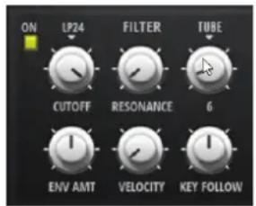 ON LP24 FILTER TUBE CUTOFF RESONANCE 6 ENV AMT VELOCITY KEY FOLLOW
