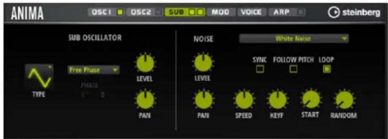 ANIMA OSC1 OSC2 SUB MOD VOICE ARP steinberg SUB OSCILLATOR TYPE Free Phase LEVEL PHASE PAN PAN NOISE White Noise SYNC FOLLOW PITCH LOOP □ □ □ PAN SPEED KEYF START RANDOM