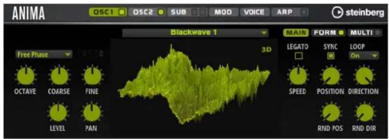 ANIMA OSC1 OSC2 SUB MOD VOICE ARP steinberg Blackwave 1 MAIN FORM MULTI 3D LEGATO SYNC LOOP On SPEED POSITION DIRECTION RND POS RND DIR Free Phase OCTAVE COARSE FINE LEVEL PAN