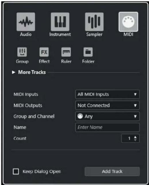 STEINBERG Cubase LE 13 - Boîte de dialogue Ajouter une piste - MIDI - 1