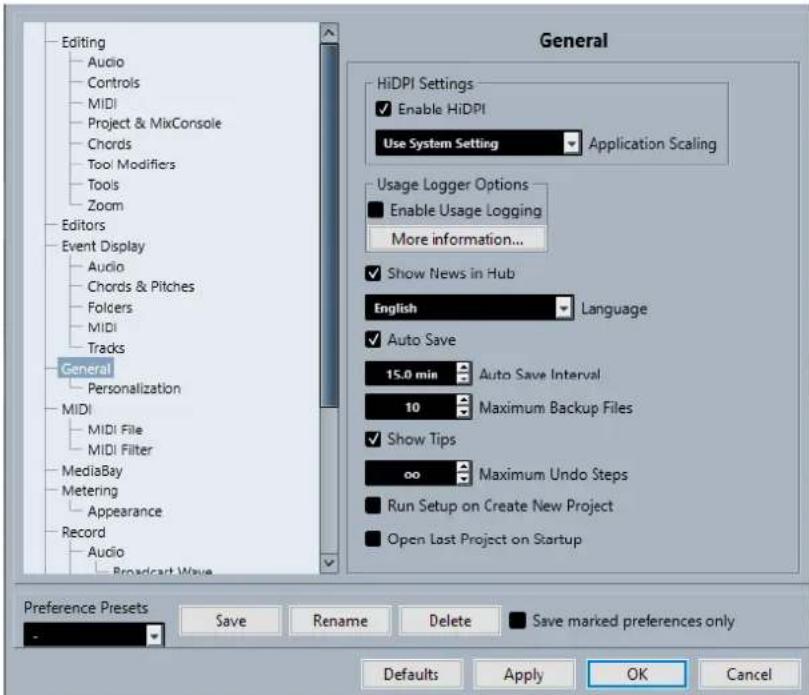 STEINBERG Cubase LE 13 - Boîte de dialogue Préférences - 1