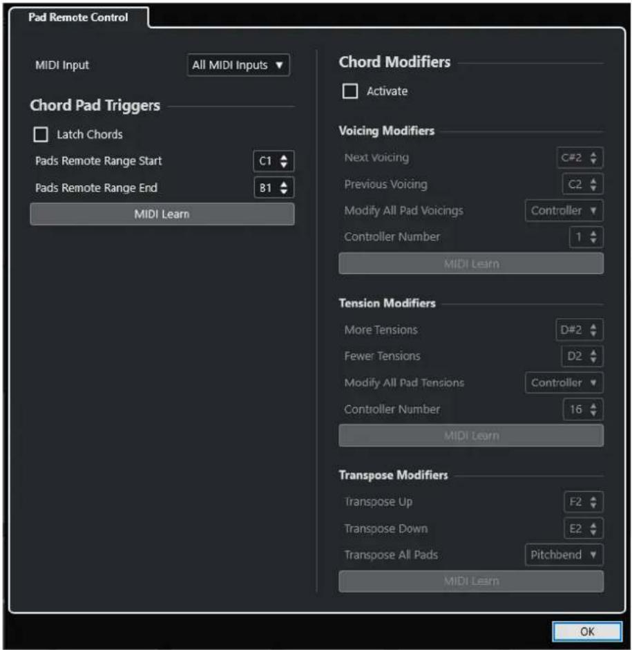 STEINBERG Cubase LE 13 - Boîte de dialogue Paramètres de télécommande des pads d'accords - 1