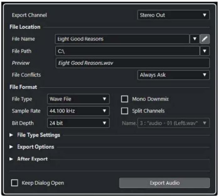 Export Channel Stereo Out File Location File Name Eight Good Reasons File Path C:\ Preview Eight Good Reasons.wav File Conflicts Always Ask File Format File Type Wave File Mono Downmix Sample Rate 44.100 kHz Split Channels Bit Depth 24 bit Name: 3 : "audio - 01 (Left).wav" ► File Type Settings ► Export Options ► After Export □ Keep Dialog Open Export Audio