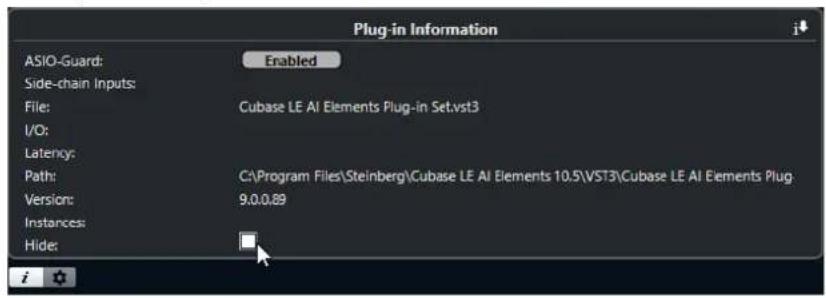 Plug-in Information ASIO-Guard: Side-chain Inputs: File: I/O: Latency: Path: Version: Instances: Hide: Enabled Cubase LE AI Elements Plug-in Set.vst3 C:\Program Files\Steinberg\Cubase LE AI Elements 10.5\VST3\Cubase LE AI Elements Plug 9.0.0.89
