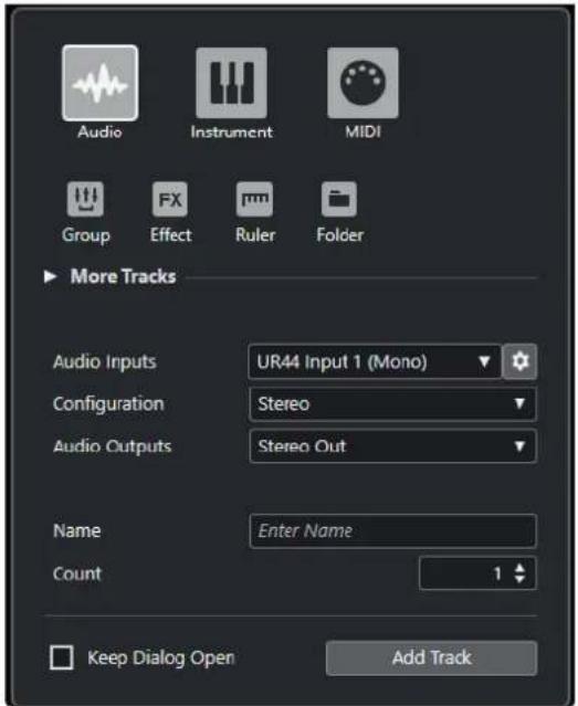 Audio Instrument MIDI Group FX Effect Ruler Folder More Tracks Audio Inputs UR44 Input 1 (Mono) Configuration Stereo Audio Outputs Stereo Out Name Enter Name Count 1 Keep Dialog Open Add Track
