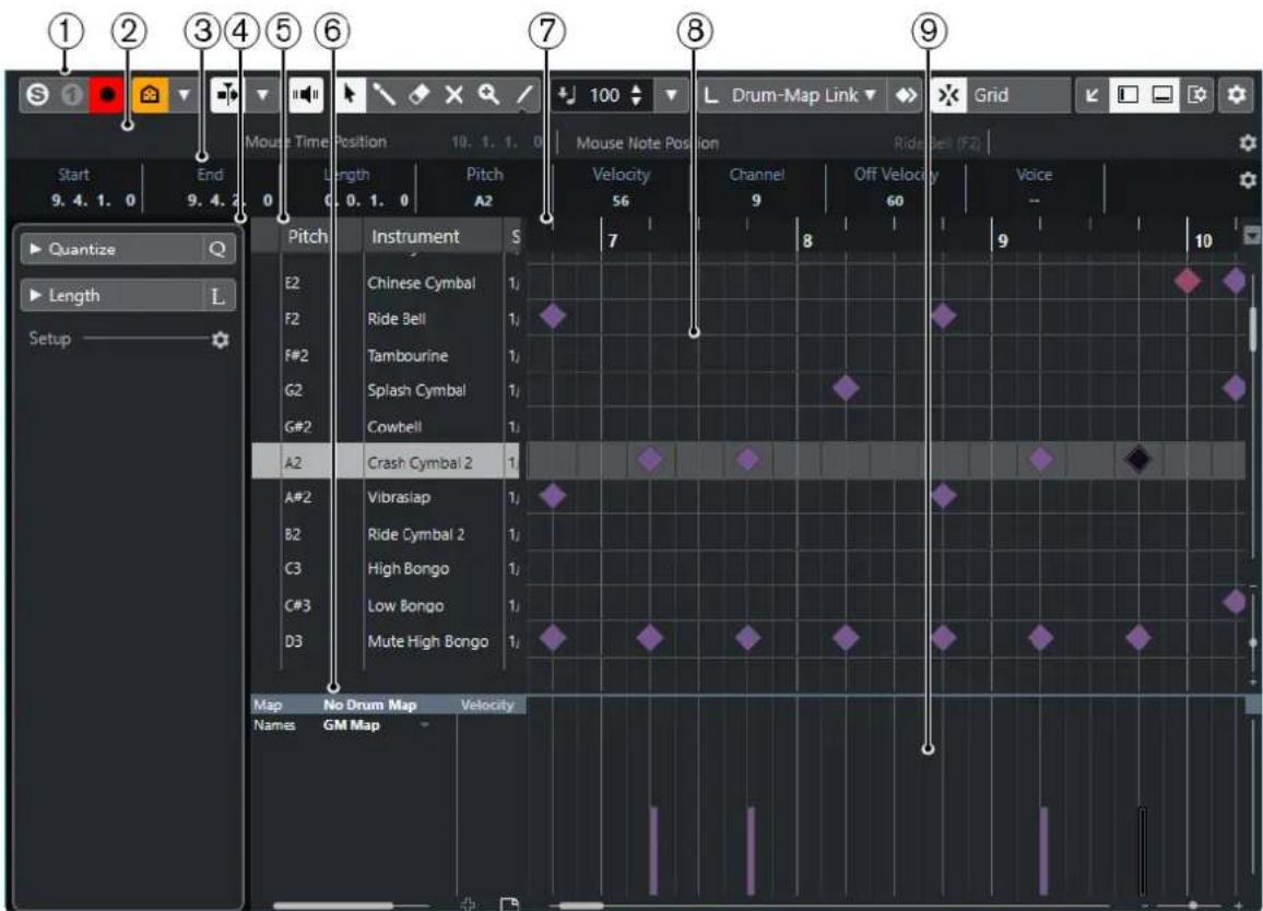 Start 9. 4. 1. 0 End 9. 4. 2. 0 Mount Time Position 10. 1. 1. 0 Length 0. 0. 1. 0 Pitch A2 Pitch Instrument Chinese Cymbal F2 F#2 G2 G#2 Crash Cymbal 2 Vibrasiap B2 C3 C#3 D3 High Bongo Low Bongo Mute High Bongo Map No Drum Map Velocity Names GM Map 100 L Drum-Map Link Ride Bell (F2) 7 8 9 10 Channel Off Velocity 60 Voice - 100 100 100 100 100 100 100 100 100 100 100 100 100 100