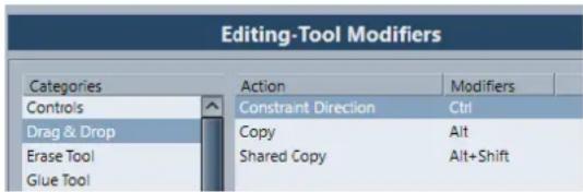 Editing-Tool Modifiers Categories Action Modifiers Controls Constraint Direction Ctrl Drag & Drop Copy Alt Erase Tool Shared Copy Alt+Shift Glue Tool
