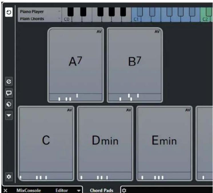 Piano Player Plain Chords C0 C1 C2 AV A7 B7 AV C Dmin Emin AV AV MixConsole Editor Chord Pads