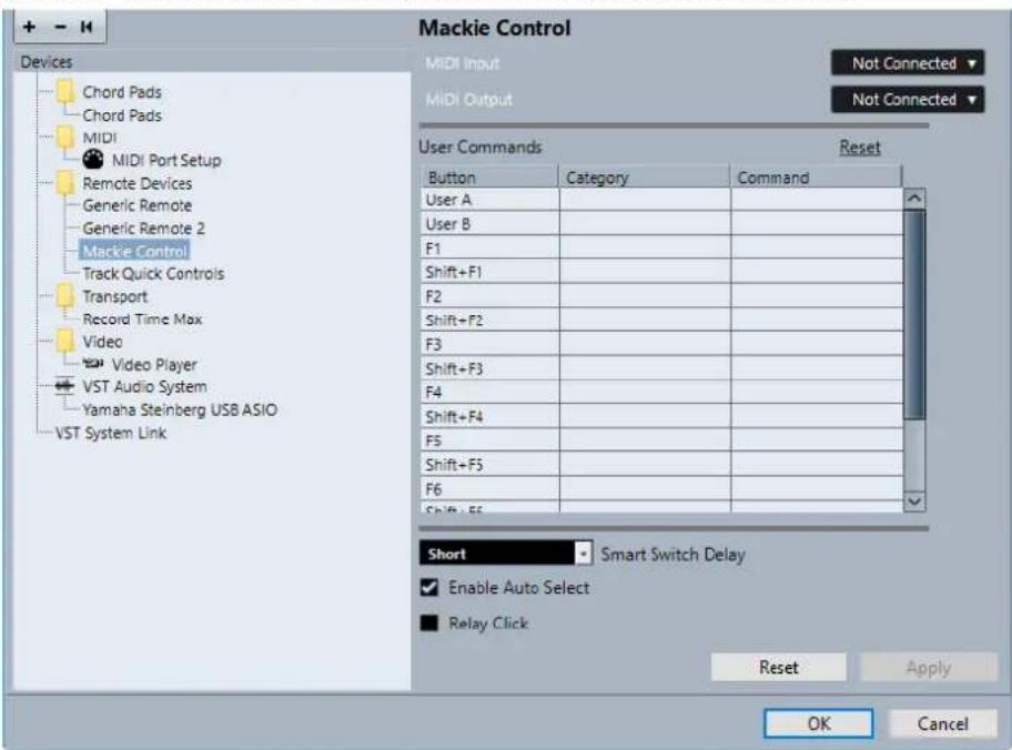 Mackie Control MIDI Input Not Connected MIDI Output User Commands Reset Button Category Command User A User B F1 Shift+F1 F2 Shift+F2 F3 Shift+F3 F4 Shift+F4 F5 Shift+F5 F6 VST Audio System Yamaha Steinberg USB ASIO VST System Link Short Smart Switch Delay Enable Auto Select Relay Click Reset Apply OK Cancel
