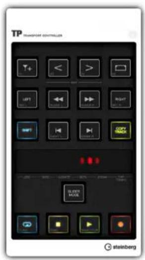 Screenshot of a TP Transport Controller interface with labeled buttons and icons, including 'DOWN BACK' and 'DOWN MODE'.