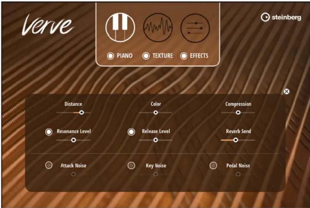 verve Piano TEXTURE EFFECTS Steinberg Distance Color Compression Resonance Level Release Level Reverb Send Attack Noise Key Noise Pedal Noise