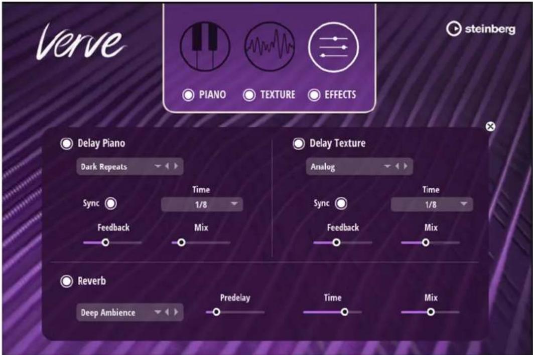 verve steinberg PIANO TEXTURE EFFECTS Delay Piano Dark Repeats Sync Time 1/8 Feedback Mix Delay Texture Analog Sync Time 1/8 Feedback Mix Reverb Deep Ambience Predelay Time Mix
