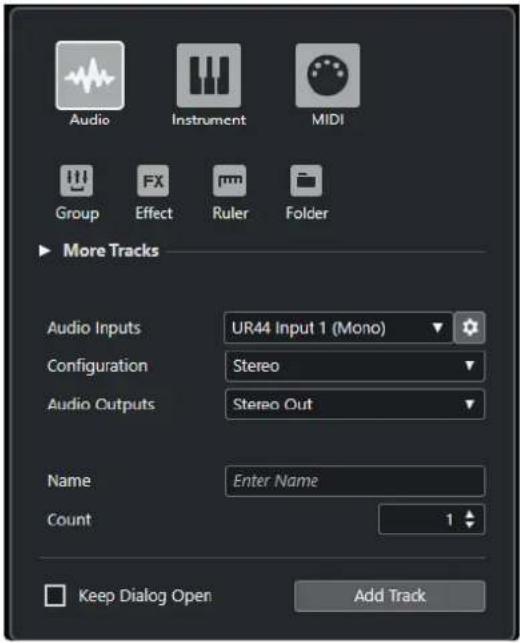 Audio Instrument MIDI Group FX Ruler Folder More Tracks Audio Inputs UR44 Input 1 (Mono) Configuration Stereo Audio Outputs Stereo Out Name Enter Name Count 1 Keep Dialog Open Add Track
