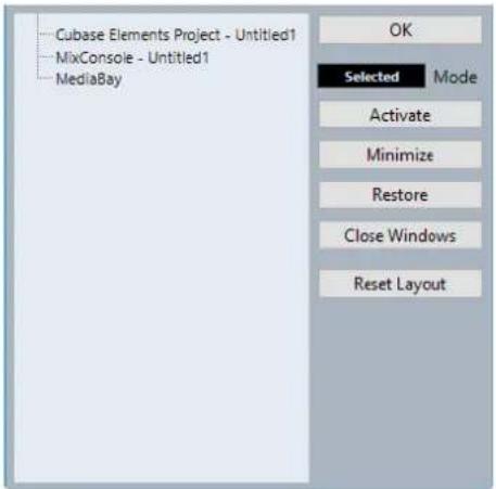 Cubase Elements Project - Untitled1 MixConsole - Untitled1 MediaBay OK Selected Mode Activate Minimize Restore Close Windows Reset Layout