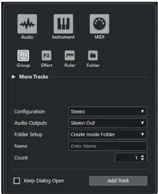 Audio Instrument MIDI Group FX Effect Ruler Folder More Tracks Configuration Stereo Audio Outputs Stereo Out Folder Setup Create Inside Folder Name Enter Name Count 1 Keep Dialog Open Add Track