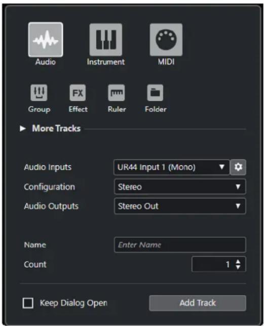 Audio Instrument MIDI Group FX Effect Ruler Folder More Tracks Audio Inputs UR44 Input 1 (Mono) Configuration Stereo Audio Outputs Stereo Out Name Enter Name Count 1 Keep Dialog Open Add Track