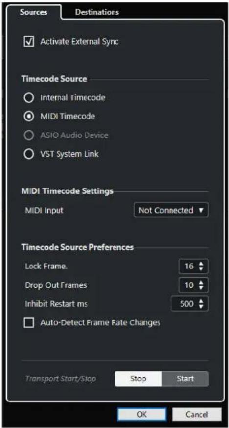Sources Destinations ✓ Activate External Sync Timecode Source ○ Internal Timecode ● MIDI Timecode ○ ASIO Audio Device ○ VST System Link MIDI Timecode Settings MIDI Input Not Connected ▼ Timecode Source Preferences Lock Frame. 16 Drop Out Frames 10 Inhibit Restart ms 500 □ Auto-Detect Frame Rate Changes Transport Start/Stop Stop Start OK Cancel