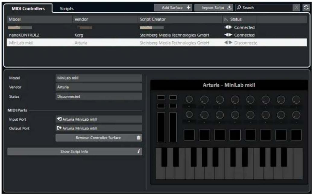 MIDI Controllers Scripts Add Surface Import Script Search Model Vendor Script Creator Status nanoKONTROL2 Korg Steinberg Media Technologies GmbH Connected MinLab mkII Arturia Steinberg Media Technologies GmbH Disconnected Model MiniLab mkII Vendor Arturia Status Disconnected MIDI Ports Input Port Arturia MiniLab mkII Output Port Arturia MiniLab mkII Remove Controller Surface Show Script Info Arturia - MiniLab mkII