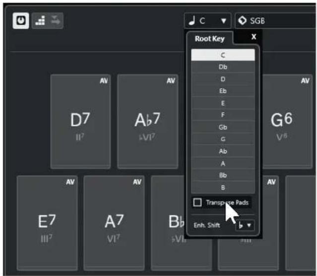 C SGB Root Key C Db D Eb E F Gb G Ab A Bb B Transpase Pads Enh. Shift