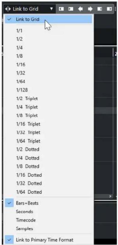Link to Grid 1/1 1/2 1/4 1/8 1/16 1/32 1/64 1/128 1/2 Triplet 1/4 Triplet 1/8 Triplet 1/16 Triplet 1/32 Triplet 1/64 Triplet 1/2 Dotted 1/4 Dotted 1/8 Dotted 1/16 Dotted 1/32 Dotted 1/64 Dotted Bars+Beats Seconds Timecode Samples Link to Primary Time Format