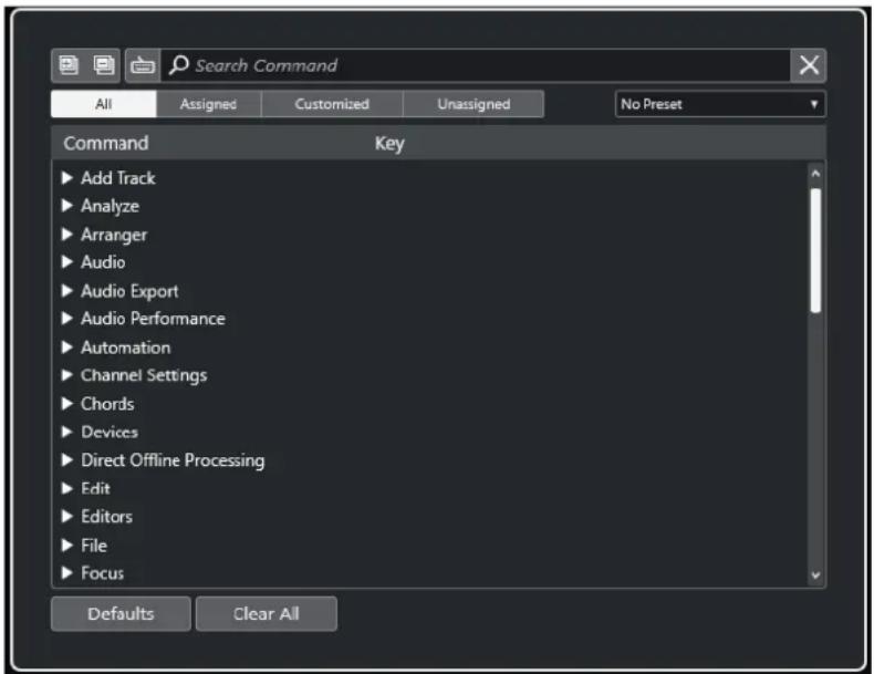 Search Command All Assigned Customized Unassigned No Preset Command Key ► Add Track ► Analyze ► Arranger ► Audio ► Audio Export ► Audio Performance ► Automation ► Channel Settings ► Chords ► Devices ► Direct Offline Processing ► Edit ► Editors ► File ► Focus Defaults Clear All