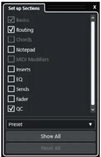 Set up Sections Basics Routing Chords Notepad MIDI Modifiers Inserts EQ Sends Fader QC Preset Show All Reset All