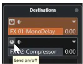 Destinations FX 01-MonoDelay 0.00 FX2-Compressor 0.00 Send on/off