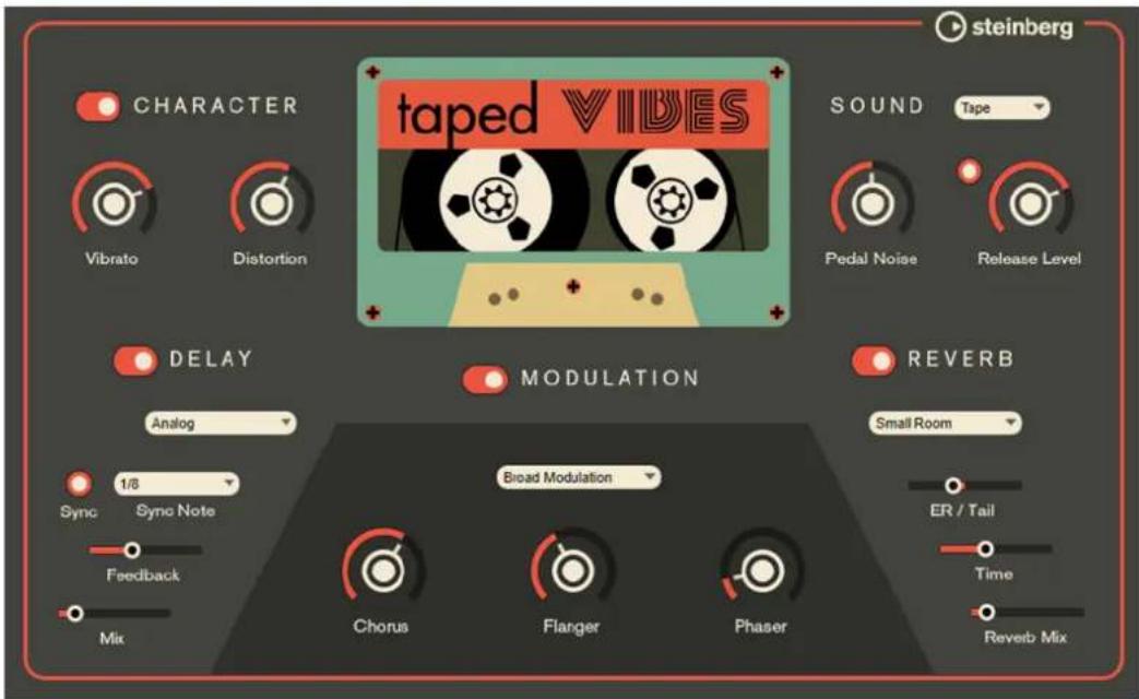 steinberg taped VIDES CHARACTER Vibrato Distortion SOUND Tape Pedal Noise Release Level DELAY MODULATION REVERB Analog Small Room 1/8 Sync Sync Note Broad Modulation ER / Tail Feedback Time Mix Chorus Flanger Phaser Reverb Mix