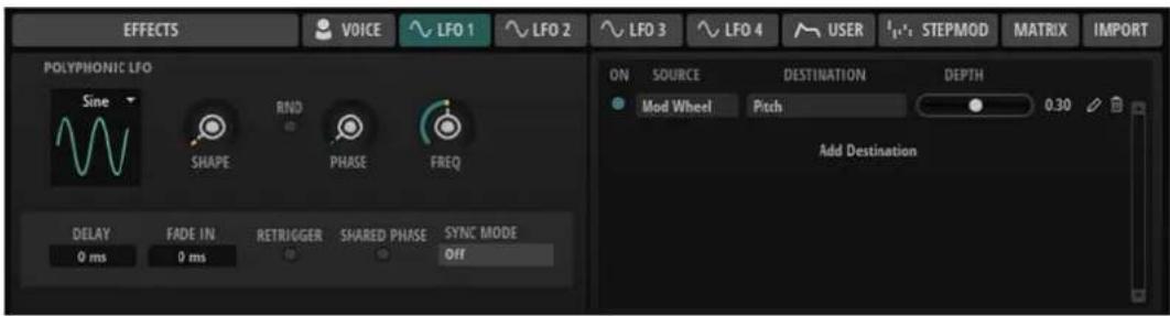 EFFECTS VOICE LFO 1 LFO 2 LFO 3 LFO 4 USER I_B*. STEPMOD MATRIX IMPORT POLYPHONIC LFO Sine RND SHAPE PHASE FREQ DELAY 0 ms FADE IN 0 ms RETRIGGER SHARED PHASE SYNC MODE Off ON SOURCE DESTINATION DEPTH Mod Wheel Pitch 0.30 Add Destination