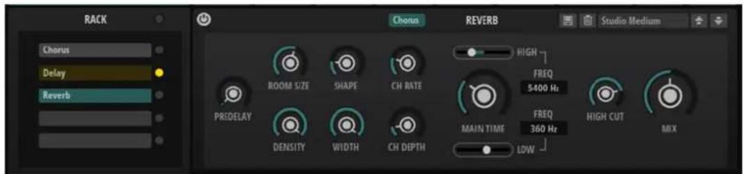 RACK Chorus Delay Reverb Chorus REVERB Studio Medium HIGH FREQ 5400 Hz PREDELAY DENSITY WIDTH CH DEPTH MAIN TIME FREQ 360 Hz HIGH CUT MIX LOW
