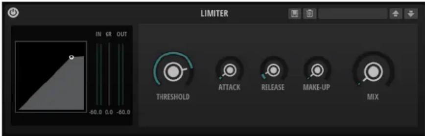 LIMITER IN GR OUT -60.0 0.0 -60.0 THRESHOLD ATTACK RELEASE MAKE-UP MIX