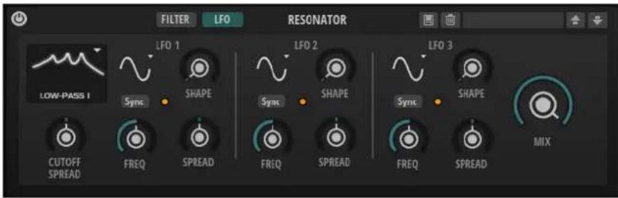 FILTER LFO RESONATOR LOW-PASS I LFO 1 Sync SHAPE LFO 2 Sync SHAPE LFO 3 Sync SHAPE CUTOFF SPREAD FREQ SPREAD FREQ SPREAD FREQ SPREAD MIX