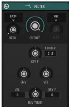 FILTER LP24 OFF RESO CUTOFF D-FT CENTER C 3 KEY F ENV VEL VEL KEY F 0 0 ENV TIMES