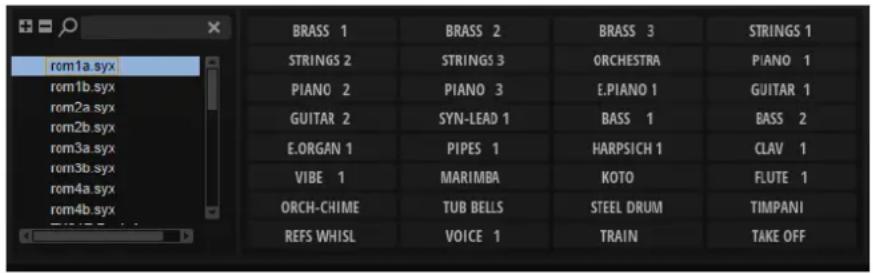 rom1a.syx rom1b.syx rom2a.syx rom2b.syx rom3a.syx rom3b.syx rom4a.syx rom4b.syx BRASS 1 BRASS 2 BRASS 3 STRINGS 2 STRINGS 3 ORCHESTRA PIANO 2 PIANO 3 E.PIANO 1 GUITAR 2 SYN-LEAD 1 BASS 1 BASS 2 E.ORGAN 1 PIPES 1 HARPSICH 1 CLAV 1 VIBE 1 MARIMBA KOTO FLUTE 1 ORCH-CHIME TUB BELLS STEEL DRUM TIMPANI REFS WHISL VOICE 1 TRAIN TAKE OFF