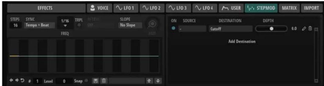 EFFECTS VOICE LFO 1 LFO 2 LFO 3 LFO 4 USER STEPMOD MATRIX IMPORT STEPS SYNC 1/16 TRPL SLOPE ON SOURCE DESTINATION DEPTH 16 Tempo • Beat OY No Slope Cutoff 0.0 FREQ Add Destination 1 Level 0 Snap