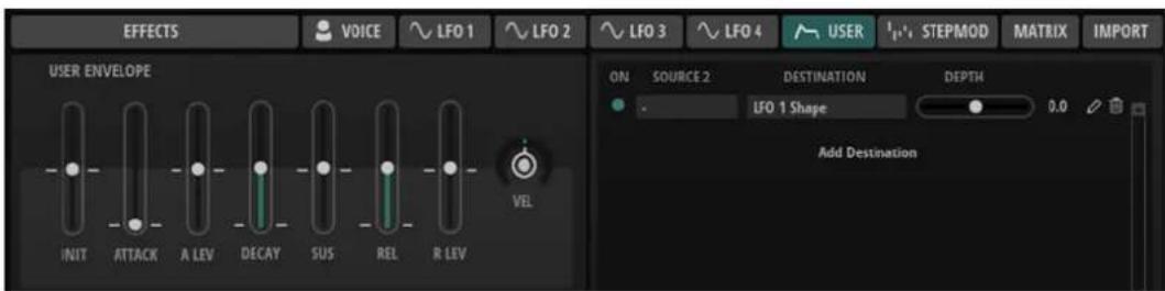 EFFECTS VOICE LFO 1 LFO 2 LFO 3 LFO 4 USER I++, STEPMOD MATRIX IMPORT USER ENVELOPE INIT ATTACK A LEV DECAY SUS REL R LEV VEL ON SOURCE 2 DESTINATION DEPTH LFO 1 Shape 0.0 Add Destination