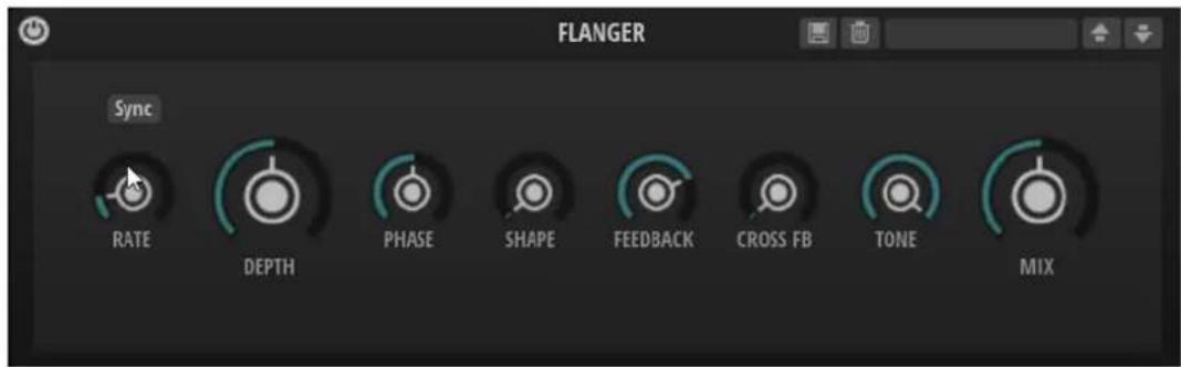 FLANGER Sync RATE DEPTH PHASE SHAPE FEEDBACK CROSS FB TONE MIX