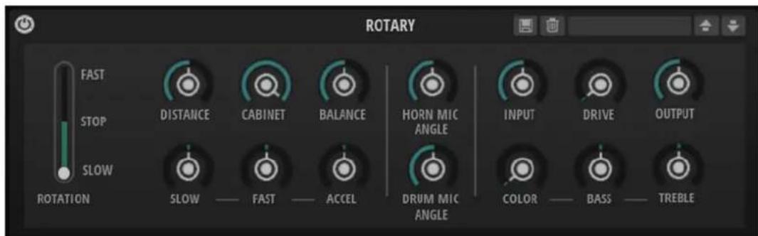 ROTARY FAST STOP SLOW ROTATION DISTANCE CABINET BALANCE HORN MIC ANGLE INPUT DRIVE OUTPUT SLOW — FAST — ACCEL DRUM MIC ANGLE COLOR — BASS — TREBLE