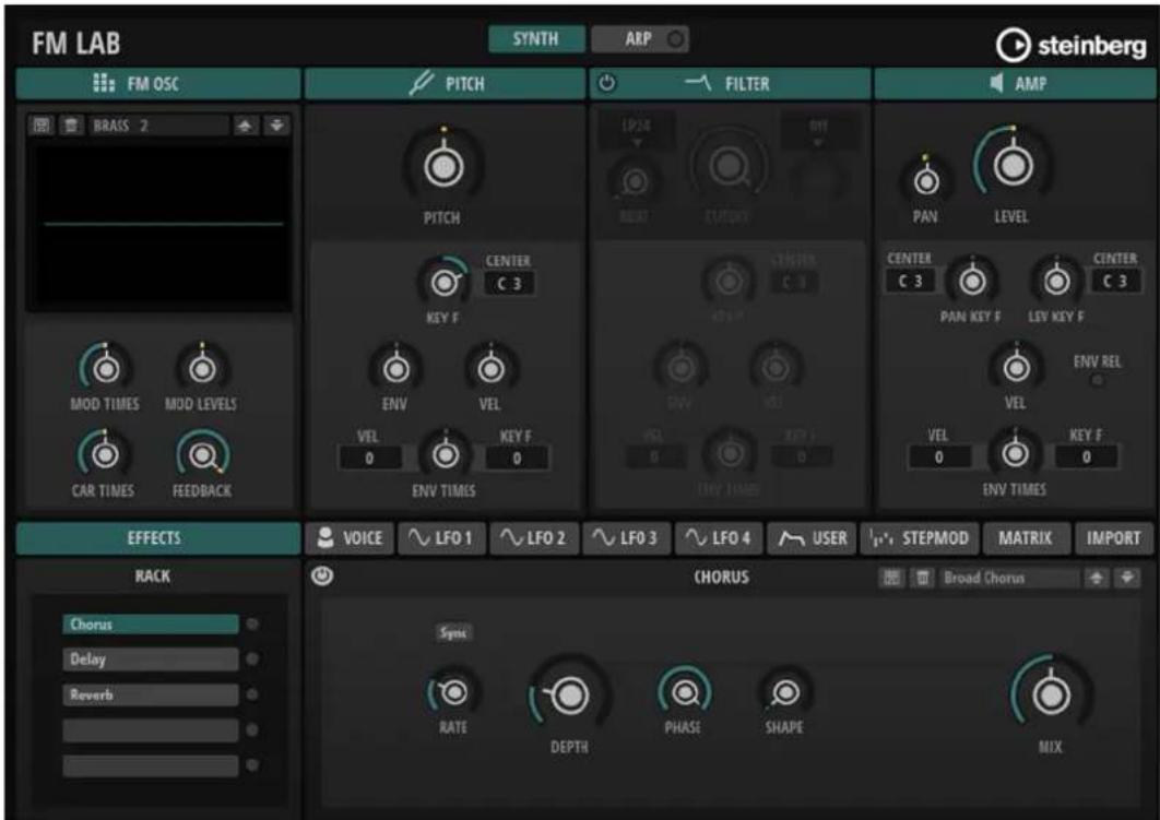 FM LAB SYNTH ARP steinberg FM OSC PITCH FILTER AMP BRASS 2 PITCH LP24 BUT RET EUXOY PAN LEVEL CENTER C 3 C CENTER C 3 C CENTER C 3 C CENTER C 3 PAN KEY F LEV KEY F ENV REL VEL 0 0 ENV TIMES KEY F 0 0 ENV TIMES MOD TIMES MOD LEVELS CAR TIMES FEEDBACK EFFECTS RACK VOICE LFO 1 LFO 2 LFO 3 LFO 4 USER STEPMOD MATRIX IMPORT Chorus Delay Reverb CHORUS Broad Chorus Synus RATE DEPTH PHASE SHAPE MIX