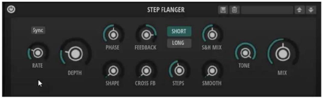 STEP FLANGER Sync RATE DEPTH PHASE FEEDBACK SHORT LONG S&H MIX TONE MIX