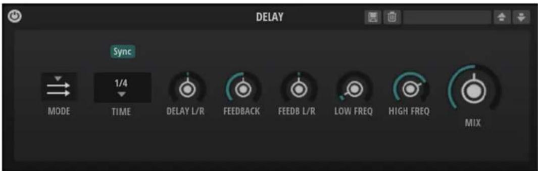DELAY Sync MODE TIME 1/4 DELAY L/R FEEDBACK FEEDB L/R LOW FREQ HIGH FREQ MIX