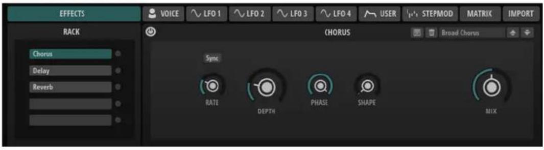 EFFECTS RACK VOICE LF0 1 LF0 2 LF0 3 LF0 4 USER STEPMOD MATRIX IMPORT Chorus Delay Reverb CHORUS Broad Chorus Sync RATE DEPTH PHASE SHAPE MIX