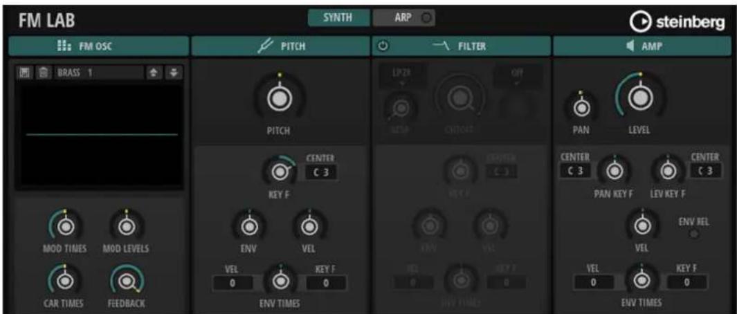 FM LAB SYNTH ARP steinberg FM OSC BRASS 1 PITCH FILTER AMP PITCH LPZB OFF MSP CHOCAT PAN LEVEL CENTER C 3 CENTER C 3 CENTER C 3 PAN KEY F LEV KEY F ENV REL VEL 0 0 0 ENV TIMES ENV TIMES CAR TIMES MOD TIMES MOD LEVELS FEEDBACK