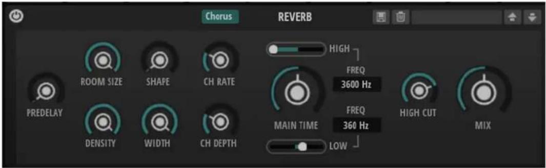 Chorus REVERB ROOM SIZE SHAPE CH RATE PREDELAY DENSITY WIDTH CH DEPTH HIGH FREQ 3600 Hz MAIN TIME FREQ 360 Hz LOW HIGH CUT MIX
