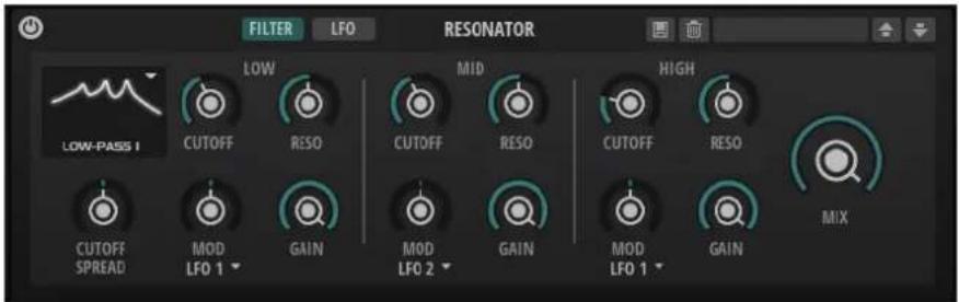 FILTER LFO RESONATOR LOW-PASS 1 CUTOFF RESO MID CUTOFF RESO HIGH CUTOFF RESO MIX CUTOFF SPREAD MOD LFO 1 GAIN MOD LFO 2 GAIN MOD LFO 1