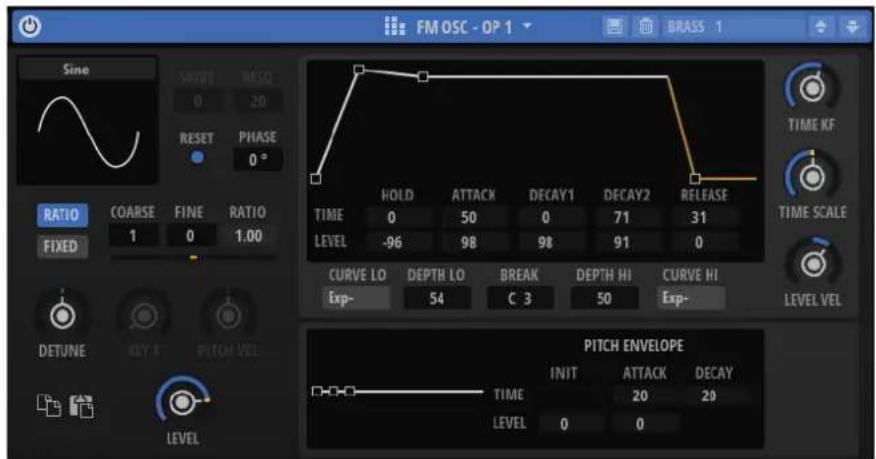 FM OSC - OP 1 SINE SHORT RESET 0 20 RESET PHASE 0 ° RATIO COARSE FINE RATIO FIXED 1 0 1.00 TIME 0 50 0 71 31 LEVEL -96 98 98 91 0 CURVE LO EXP- DEPTH LO 54 BREAK C 3 DEPTH HI 50 CURVE HI Exp- PITCH ENVELOPE INIT ATTACK DECAY TIME 20 20 LEVEL 0 0