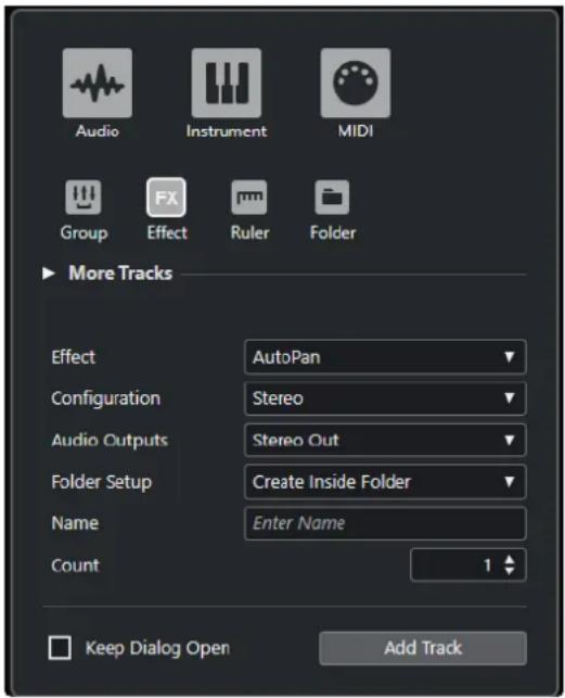 Audio Instrument MIDI Group FX Effect Ruler Folder More Tracks Effect AutoPan Configuration Stereo Audio Outputs Stereo Out Folder Setup Create Inside Folder Name Enter Name Count 1 Keep Dialog Open Add Track