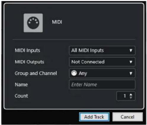 MIDI MIDI Inputs All MIDI Inputs MIDI Outputs Not Connected Group and Channel Any Name Enter Name Count 1 Add Track Cancel