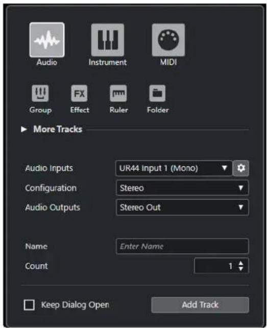 Audio Instrument MIDI Group FX Ruler Folder More Tracks Audio Inputs UR44 Input 1 (Mono) Configuration Stereo Audio Outputs Stereo Out Name Enter Name Count 1 Keep Dialog Open Add Track